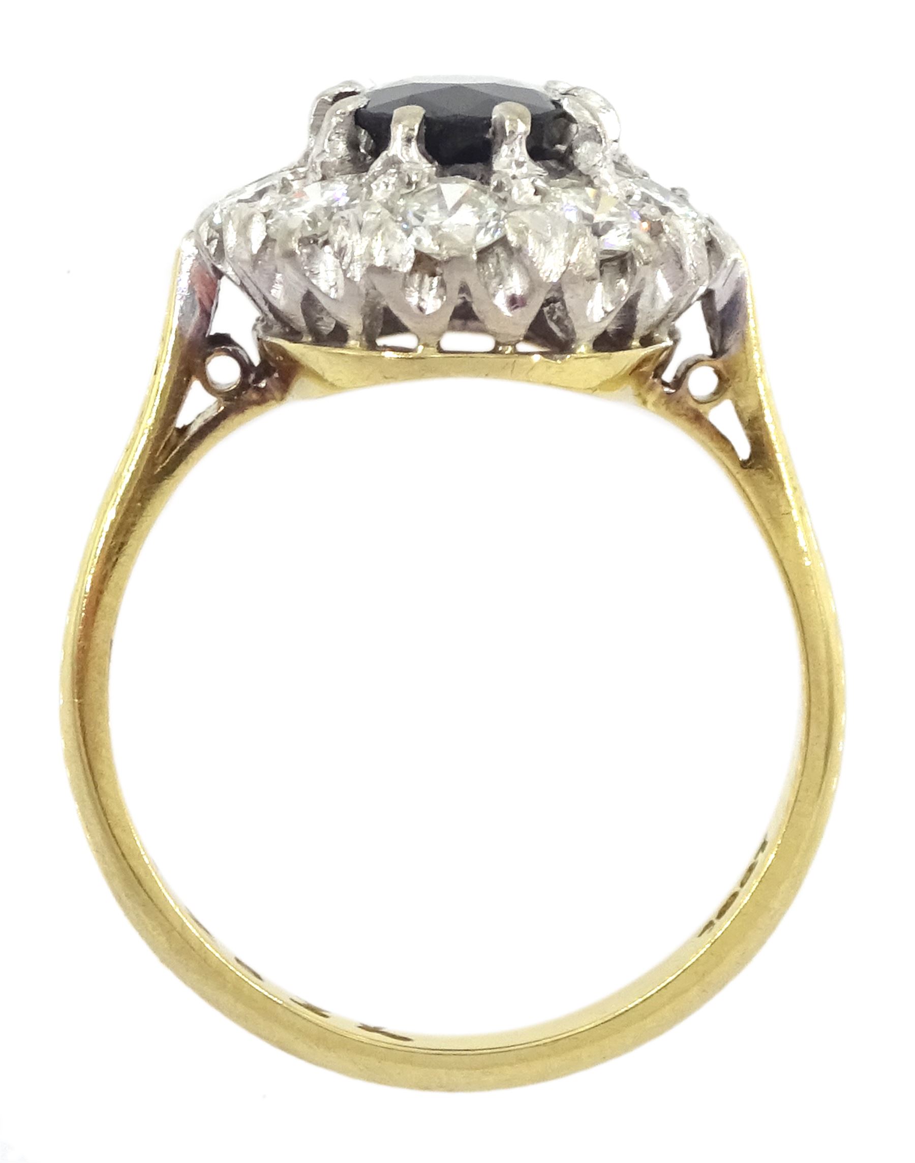 18ct gold oval cut sapphire and round brilliant cut diamond cluster ring, stamped, sapphire approx 1.20 carat, total diamond weight approx 0.80 carat