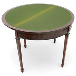 20th century mahogany demi-lune card table, fold-over top with gadrooned edge revealing baize playing surface, single pull-out rear support, on square tapering supports with spade feet