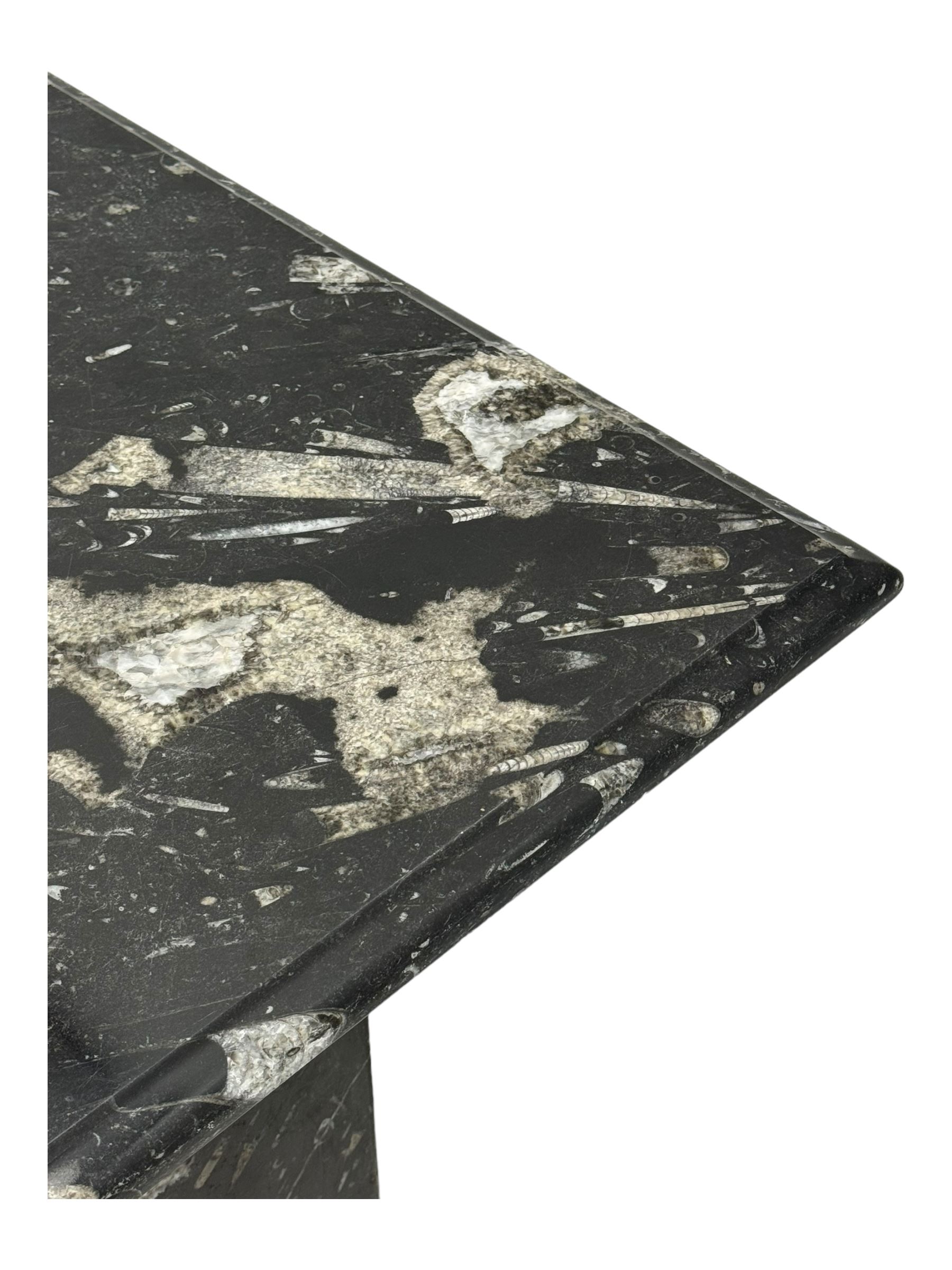 Marble hall table with orthoceras and goniatite inclusions, the rectangular top upon two rectangular stepped plinths, H78cm, L135cm, D77cm