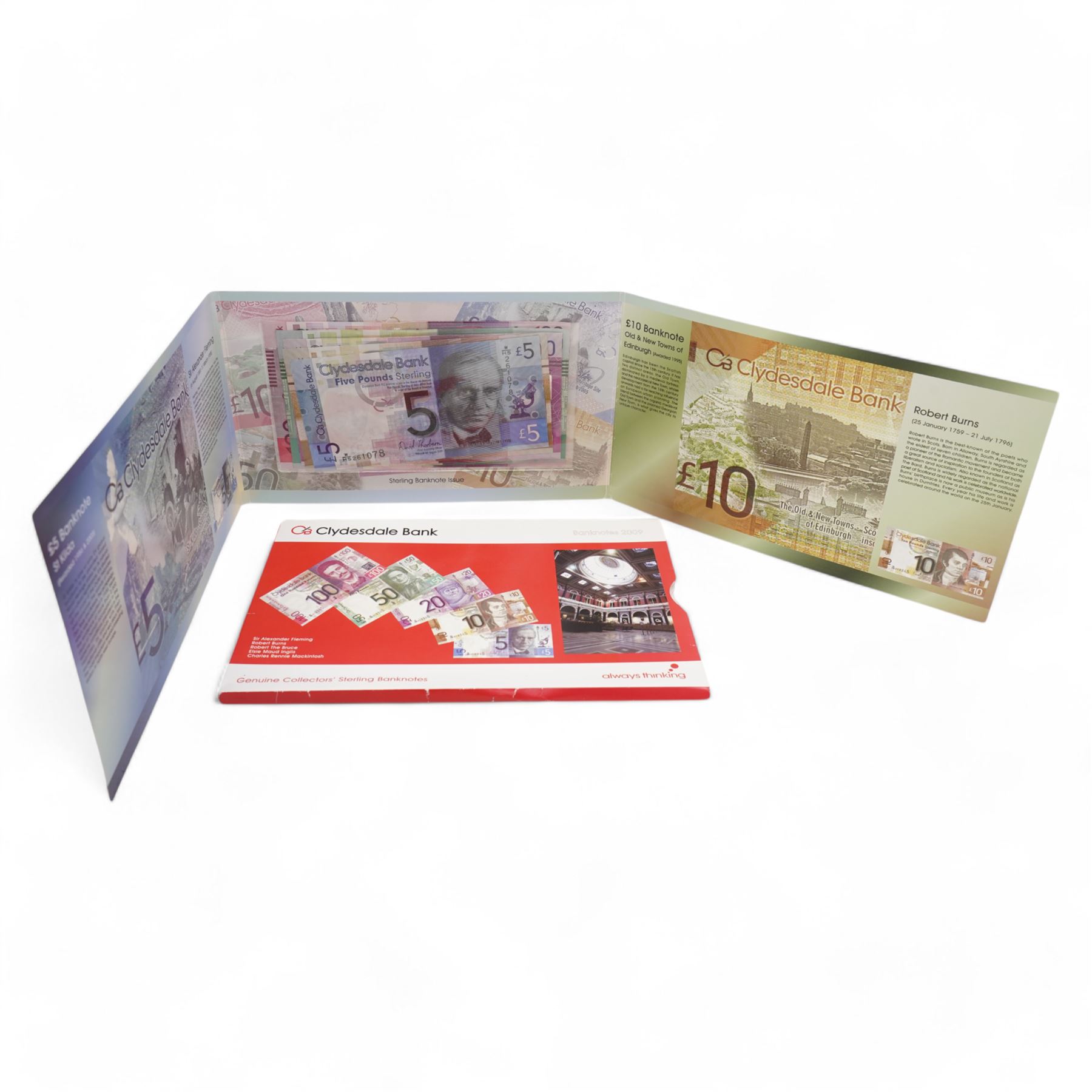 Clydesdale Bank set of five 'Genuine Collectors Sterling Banknotes' comprising one-hundred pounds 'W/HS', fifty pounds 'W/HS', twenty pounds 'W/JR', ten pounds 'W/JF' and five pounds 'W/HS', housed in a card folder