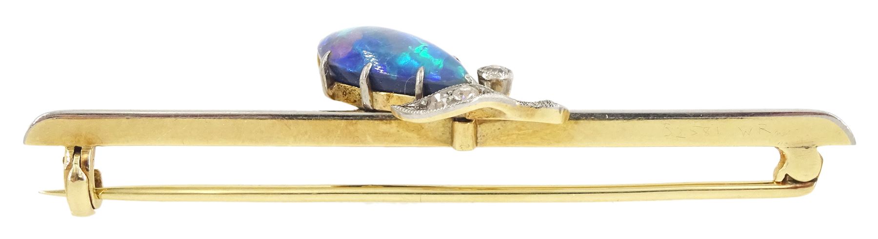 Early 20th century 15ct gold flower bud brooch, cabochon pear cut opal bud and three stone milgrain set old cut diamond leaves