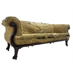 19th century mahogany settee, rolled S-scrolled arms carved with lion masks and acanthus leaf scrolls, the lower moulded rail carved with scrolling design, raised on carved paw feet with recessed brass and ceramic castors 