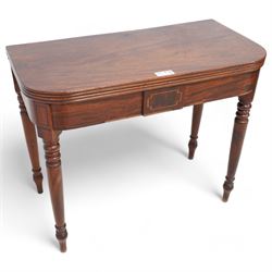 19th century inlaid mahogany tea table, fold-over D-shaped top, double gate-leg action base, on turned supports