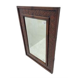 Chinese design bamboo and wood rectangular wall mirror, parquetry lattice-work bamboo, bevelled plate