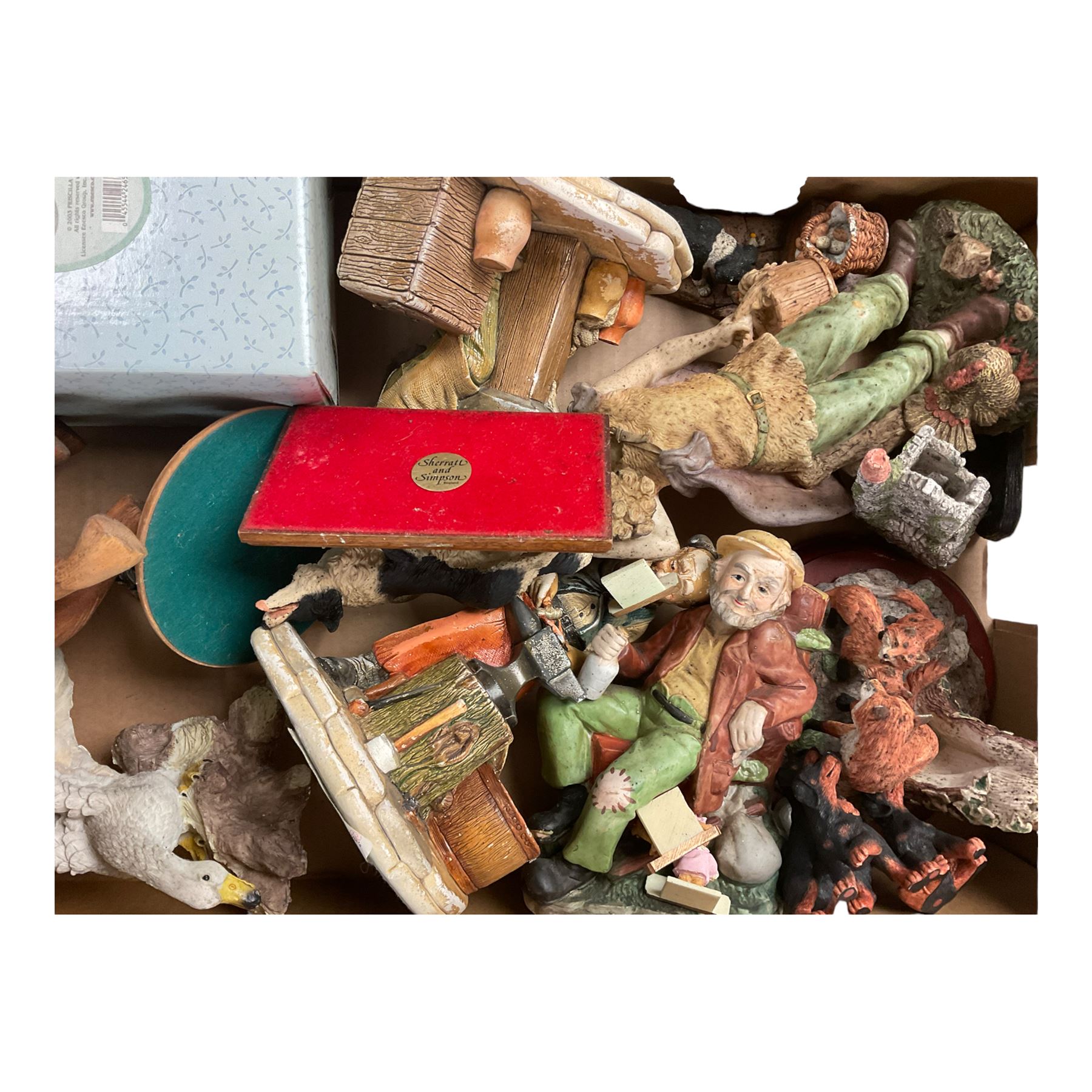 Collection of Cherished Teddies, together with various other composite figures, including golfers, birds, figures etc in three boxes  