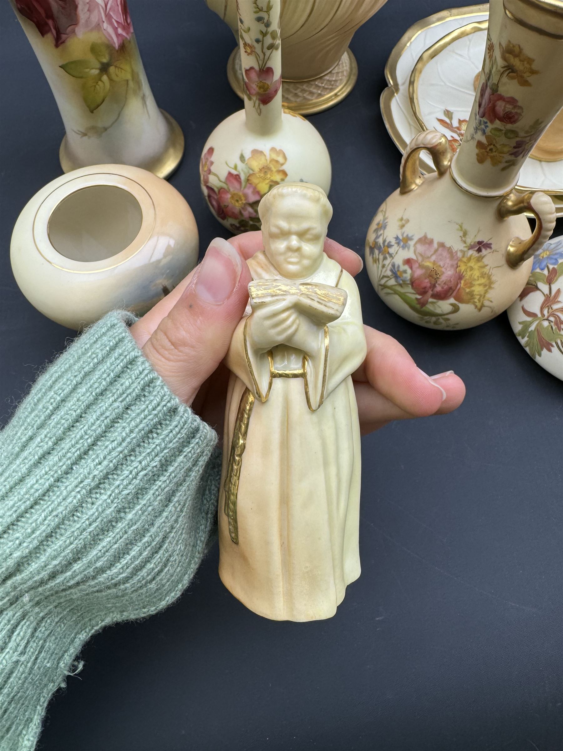 Collection of Royal Worcester Blush Ivory, including candle snuffer modelled as a monk, bamboo vase, twin handled vase etc (12)