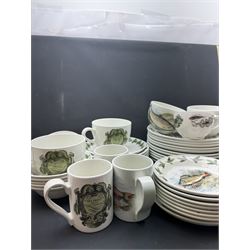 Portmeirion Complete Angler part tea and dinner service, including eleven dinner plates, five bowls, seven mugs etc together with two Royal Worcester cups and saucers