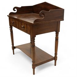 Early Victorian mahogany wash stand, pointed and sloped arch back with shaped and pierced scroll returns, rectangular top over two drawers, on turned supports united by undertier 