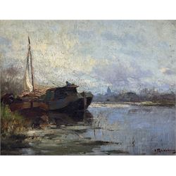 Hendrik Frauenfelder (Dutch 1885-1922): Barges on the Riverside, oil on panel signed, indistinctly inscribed verso 20cm x 25cm