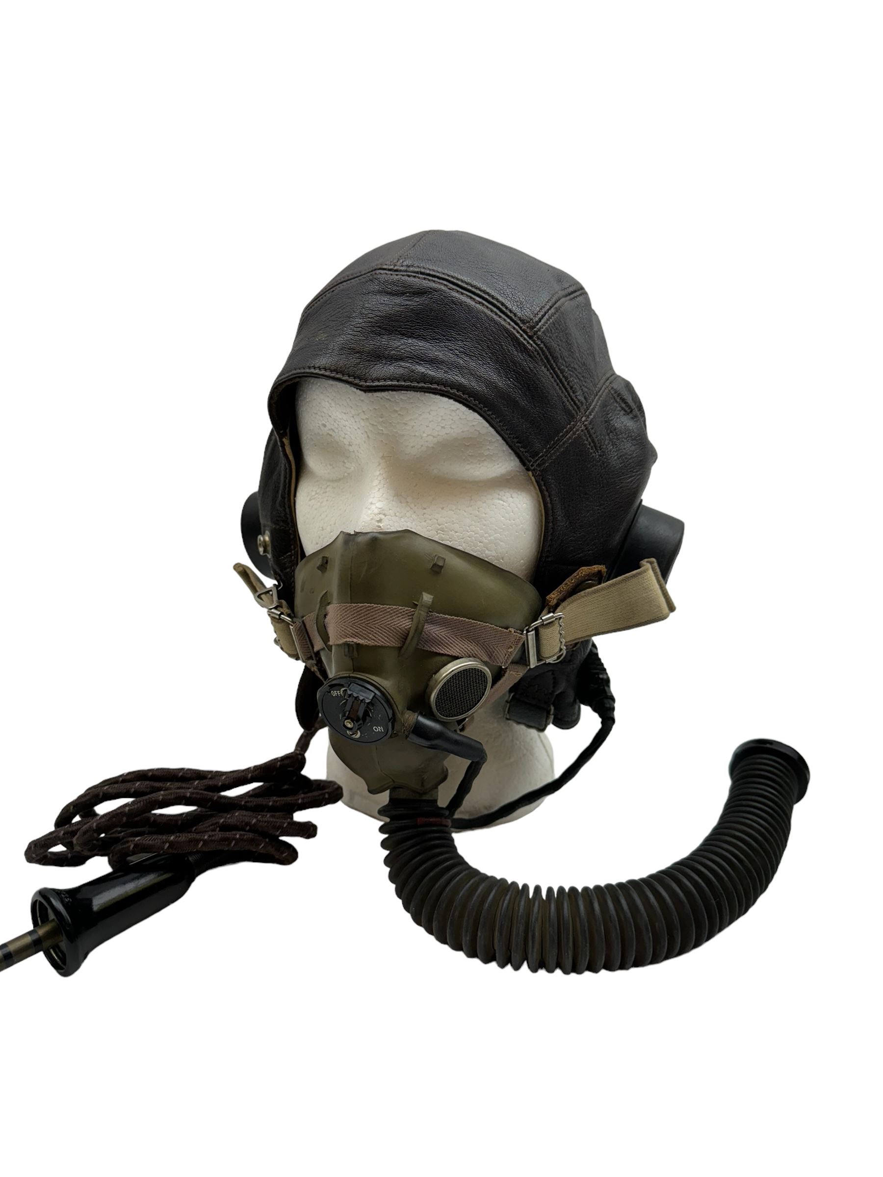 British RAF Flying Helmet complete with AM marked headphones and wiring loom with jack plug, with oxygen mask 