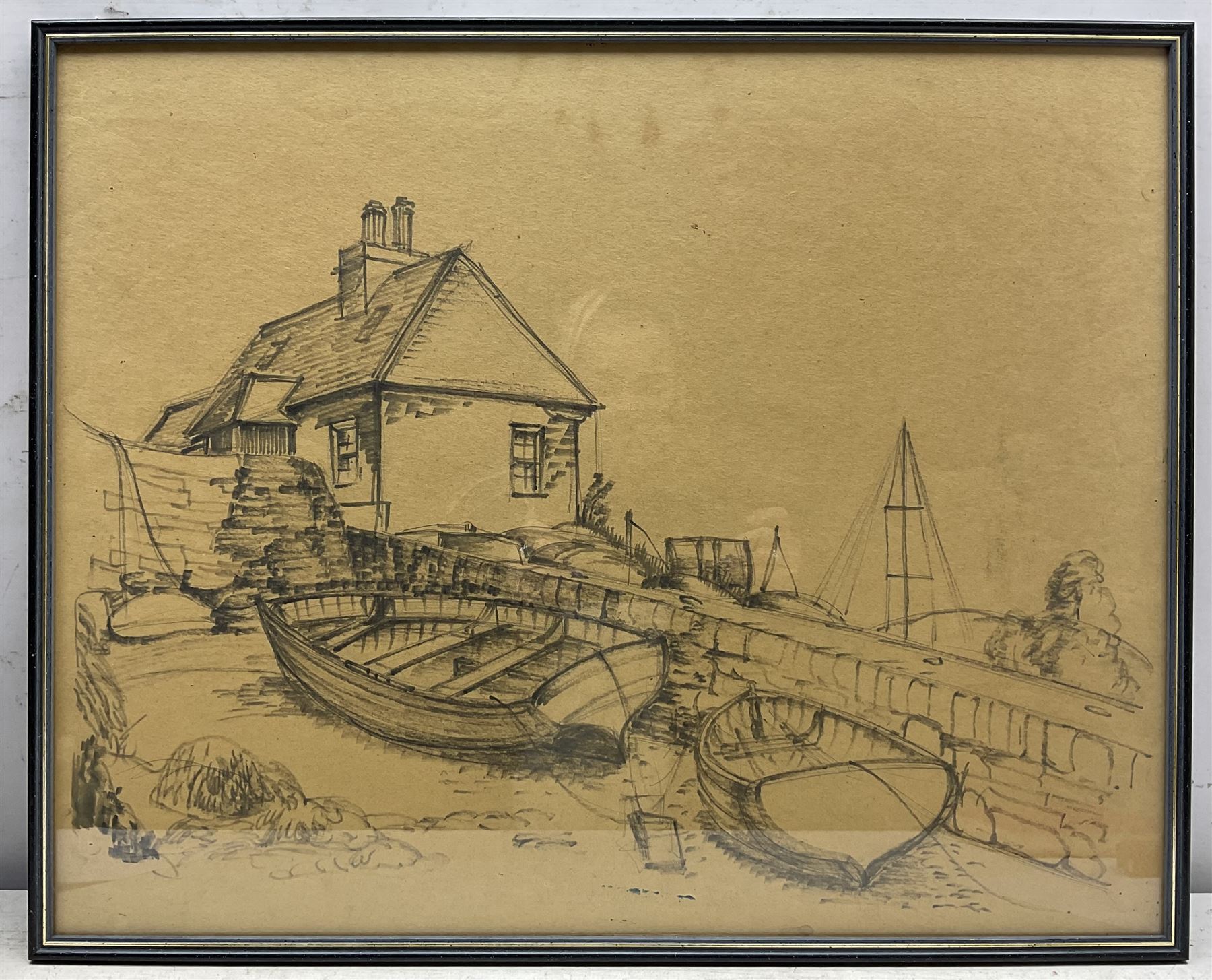 English School (Mid 20th Century): Landing Boats, charcoal sketch unsigned 48cm x 60cm 