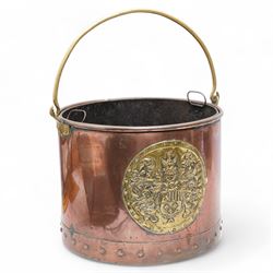 19th century riveted copper and brass mounted coal bucket, the central panel depicting a coat of arms H29cm 