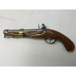 19th century continental flintlock travelling pistol, approximately .75 calibre, the 18cm barrel with steel ramrod under, full walnut stock with brass furniture including skull crusher butt possibly with shoulder stock extension facility L33.5cm