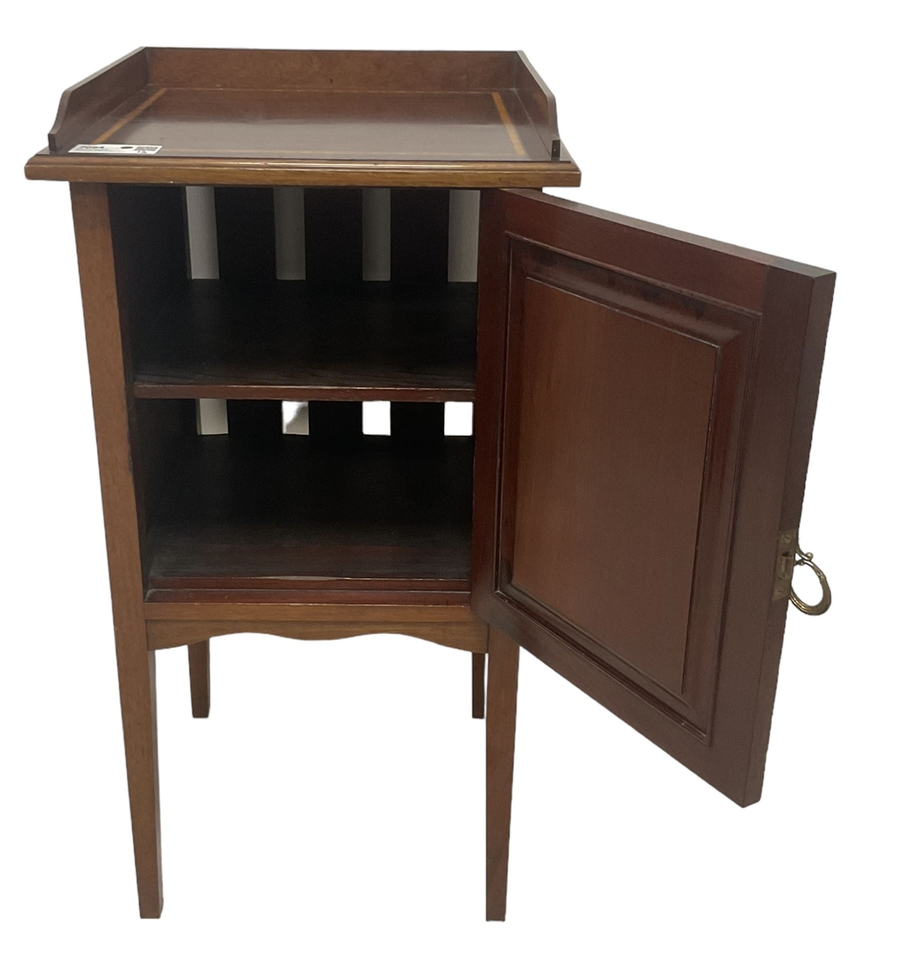 Edwardian inlaid mahogany pot cupboard, raised three-quarter gallery back, panelled door with fan inlay enclosing single shelf