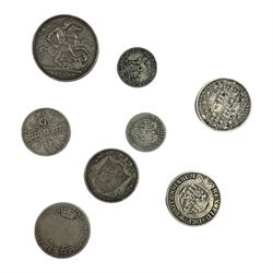 Approximately 100 grams of Great British pre 1920 silver coins, including George III 1819 halfcrown, William IIII 1836 halfcrown, Queen Victoria 1889 crown etc