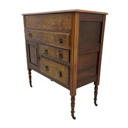 Edwardian walnut gentleman's tallboy, moulded hinged lid enclosing divisions, long drawer over two short drawers and panelled cupboard, turned supports terminating at ceramic castors