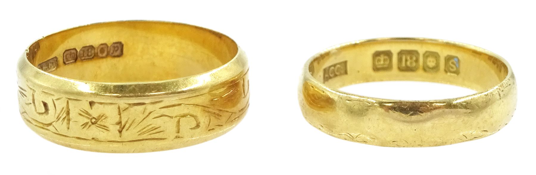 18ct gold wedding band, with engraved decoration, London 1970 and one other 18ct gold band, hallmarked