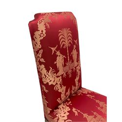 Georgian design mahogany framed high-back side chair, upholstered in red fabric decorated with Japanese figures in a garden landscape and pagodas, on shell carved cabriole front supports
Provenance: From the Estate of the late Dowager Lady St Oswald