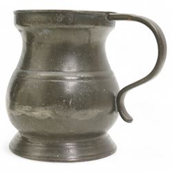 18th century pewter tankard, circa 1770, with scroll handle and acanthus leaf thumbpiece, touch marks and crowned X, H13cm, together with a Victorian 1/2 pint pewter measure, touch marks, weights and measures inspector verification mark (2)