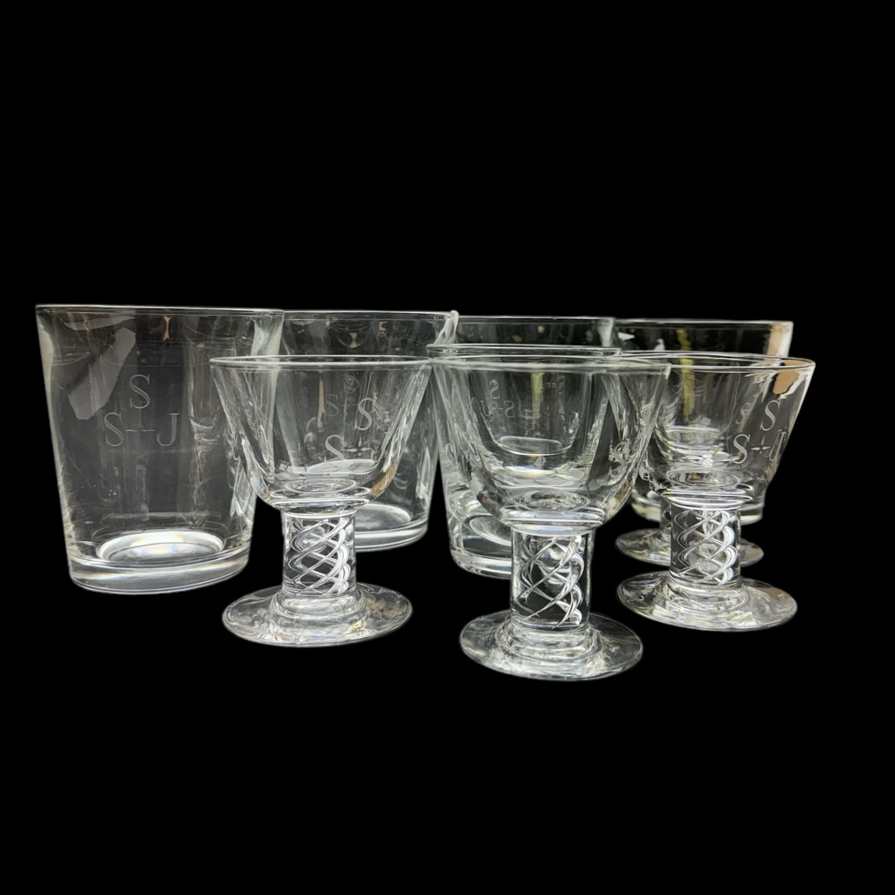 Steuben glassware, comprising set of four air twist cocktail glasses, together with four tumbles and one whisky glass, all engraved SSJ