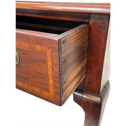 18th century and later inlaid mahogany and fruitwood low-boy, the moulded rectangular top with satinwood band, shaped frieze fitted with single drawer, on cabriole supports with angular feet