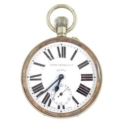 Early 20th century keyless lever 8 days goliath pocket watch by Favre-Leuba & Co, white enamel dial with Roman numerals and subsidiary seconds dial, in silver mounted leather case, with velvet interior, Birmingham 1901