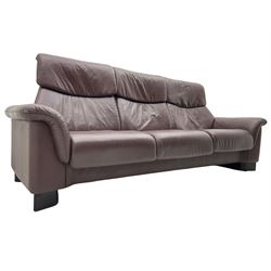 Ekornes Stressless - three-seat sofa upholstered in chocolate brown leather, with high backrests, cushioned headrests, and manual reclining mechanism (L248cm, D84cm, H102cm); with matching two-seat sofa (L184cm, D84cm, H102cm)