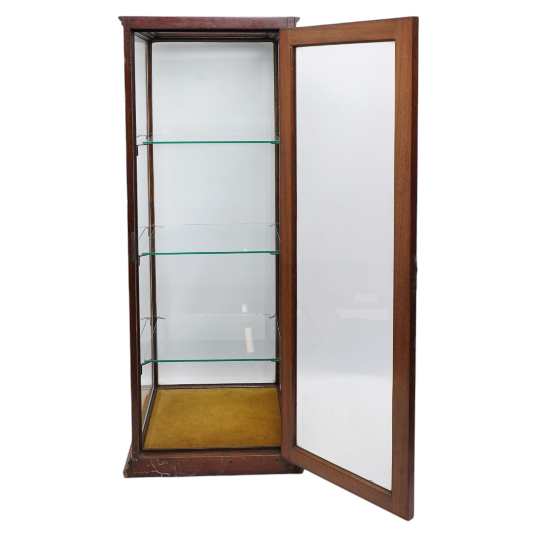 Mid-19th century mahogany five glass counter top display cabinet, moulded cornice over bevelled glass panes, fitted with three glass shelves, moulded plinth base