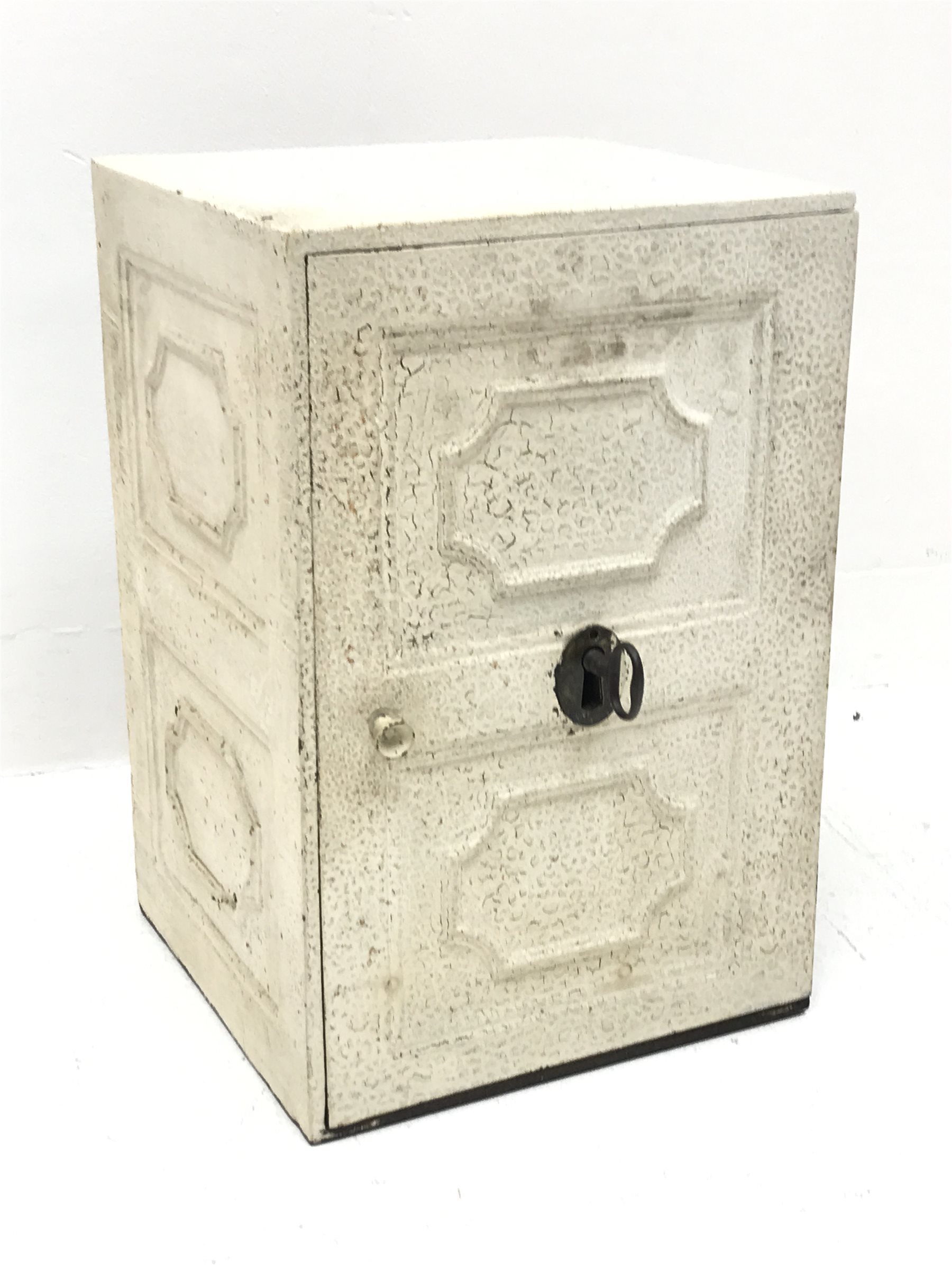 Small Victorian cast iron safe, the single door and sides with moulded decoration, interior fitted with documents division and small drawer, with key, W30cm, HH46cm, D30cm