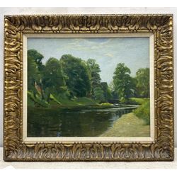 Circle of Owen Bowen (Staithes Group 1873-1967): The Wharfe at Bolton Abbey, oil on canvas board unsigned 38cm x 46cm 