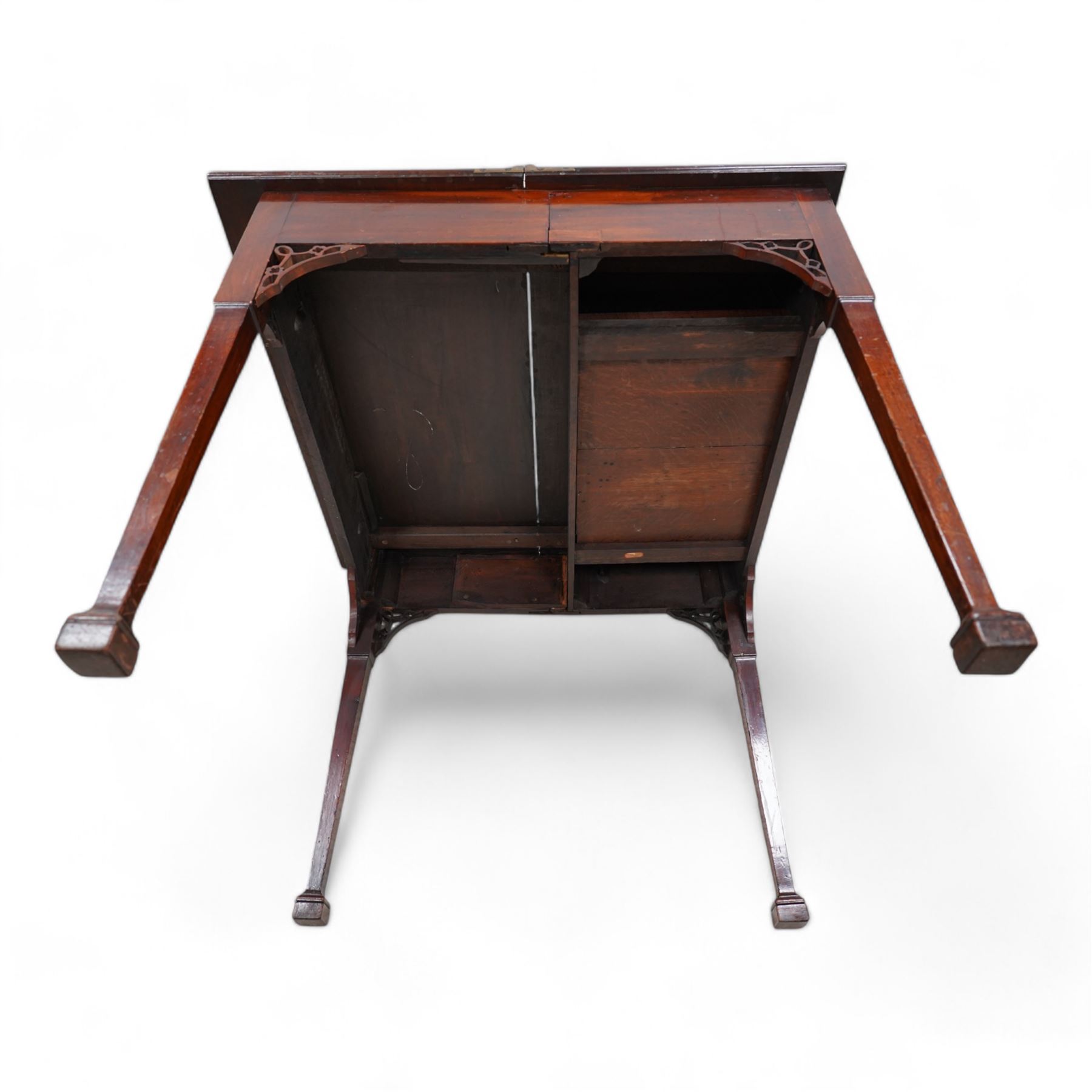 George III mahogany table, fixed square top with moulded edge, fitted with single cock-beaded drawer, pierced corner brackets, on square tapering supports with spade feet 