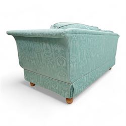 Regency shaped hardwood-framed two-seat sofa, upholstered in turquoise fabric decorated with arches enclosing birds of paradise and seahorses, on turned bun feet 