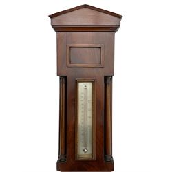 McDowall of Edinburgh - mid-Victorian mahogany mercury wheel barometer, with a gable pediment and cavetto moulded square base, cast brass bezel enclosing a 10-inch silvered register with an engraved symmetrical pattern to the centre and barometric air pressure in inches, boxed mercury thermometer with a silvered Fahrenheit scale flanked by turned wooden pilasters, brass recording hand button, rectangular spirit level signed McDowall, Edinburgh.
This barometer once formed part of the collection of Edwin Banfield, a leading authority on barometers and is illustrated in his book 