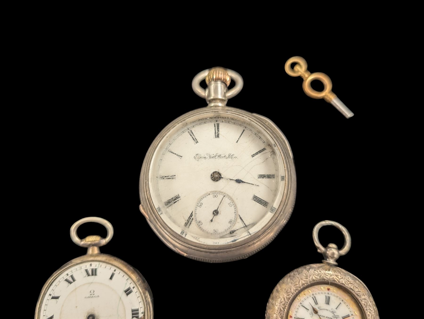 Three pocket/fob watches, comprising Elgin Natt Watch Co. base metal example, Omega 900 silver example and Graves Sheffield 935 silver example