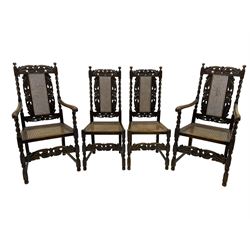 Set of seven (5+2) 19th century Carolean design oak dining chairs, scroll leaf and flower head carved cresting rail over spiral turned uprights and cane work back, the cane work seat on spiral turned supports united by plain stretchers, scrolled leaf carved middle rail 