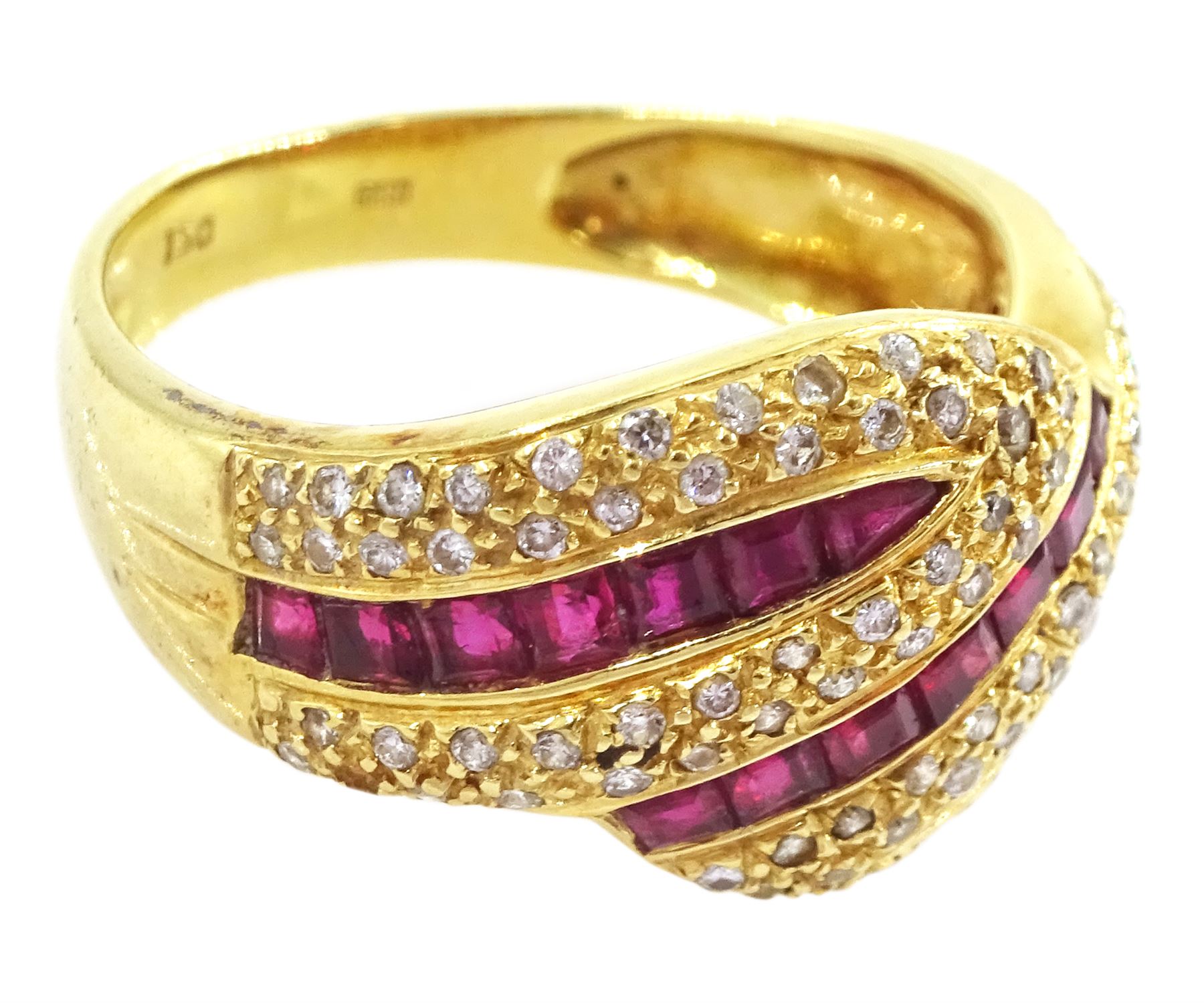 18ct gold calibre cut ruby and round brilliant cut diamond ring, stamped 750