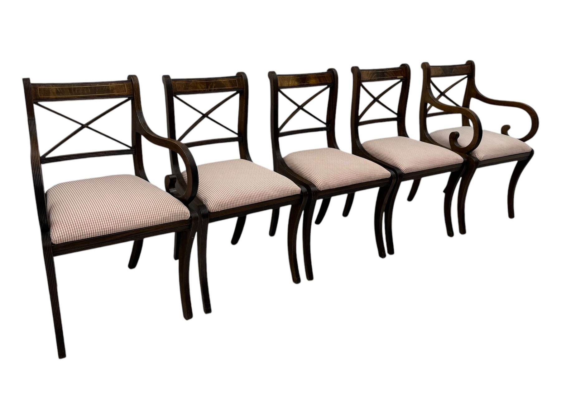 Set of ten (8+2) Regency design mahogany and brass inlaid dining chairs, bar cresting rail over x-framed back, upholstered drop-in seats, moulded frame and sabre supports 