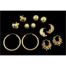 Five pairs of 9ct gold stud earrings including hoops, sun and crescent moon and a pair of 14ct gold carousel horse stud earrings