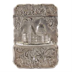 Victorian silver castle-top card case, of rectangular form with scrolling sides, relief embossed with the St Paul's Cathedral and surrounded by foliate scrolls, with vacant cartouche to reverse, hallmarked Nathaniel Mills, Birmingham, probably 1847, H8.5cm W6cm
