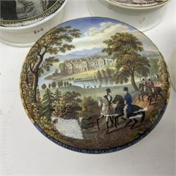 Seven 19th century Prattware pot lids with associated bases, including 'The Snow Drift', 'Strathfieldsaye The Seat of the Duke of Wellington', 'The Late Prince Consort', 'French Street Scene', Lend a Bite', 'Dr Johnson' and 'Sandringham the Seat of HRH The Prince of Wales', largest D12cm (7)