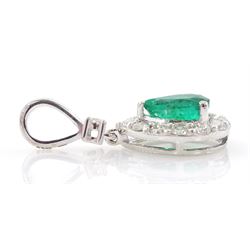 18ct white gold pearl cut emerald and round brilliant cut diamond pendant, stamped 750, emerald 0.86 carat, total diamond weight approx 0.40 carat