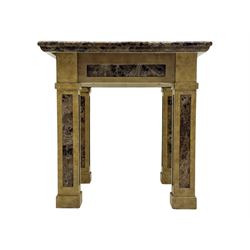 Square lamp table, variegated marble top, on square supports with block feet 