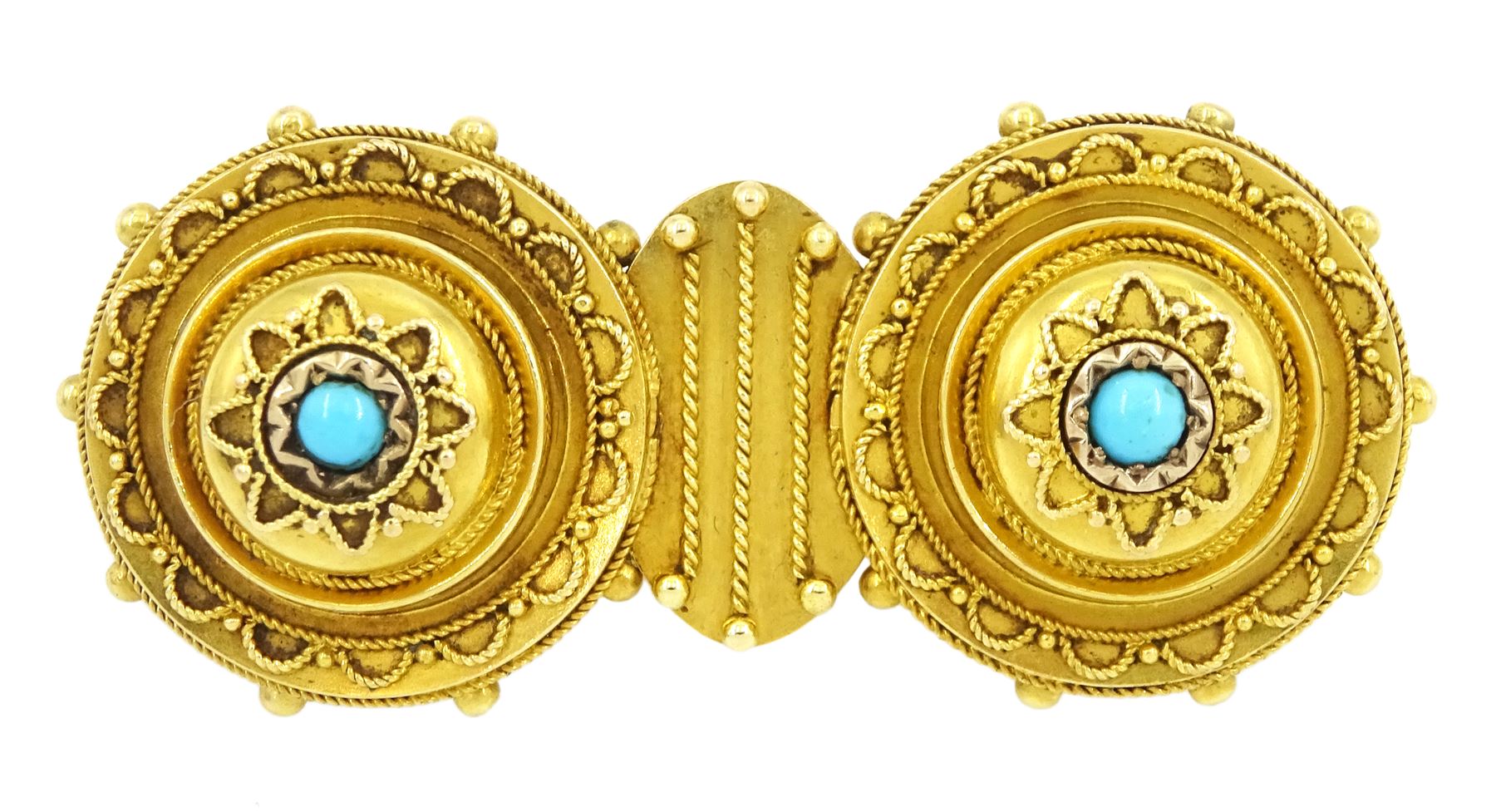 Victorian 18ct gold Etruscan revival turquoise brooch, two domes with cannetille decoration, each set with around turquoise stones