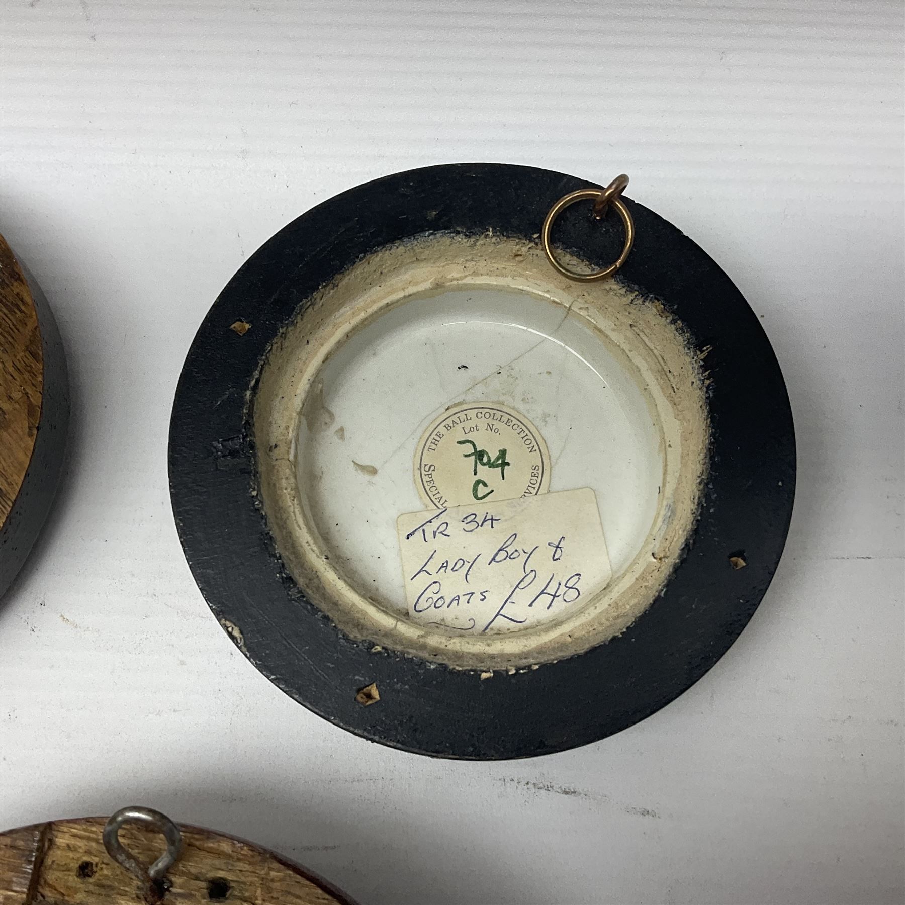 Six framed Prattware pot lids comprising 'Bear, Cock & Lion', 'Bear on Rock', 'Alas! Poor Bruin', ' Lady, Boy and Goats', 'The Shrimpers' and one other, largest D15.5cm (6)