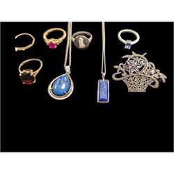 Two gold stone set rings, including 14ct garnet example and a  9ct gold stone set example and silver jewellery including rings, pendants, brooches, etc 