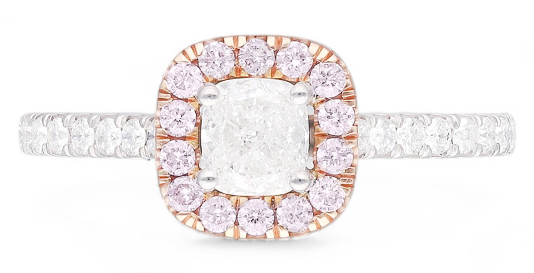 Platinum and 18ct rose gold diamond halo cluster ring, the principal white cushion cut diamond of 0.51 carat, with GIA report, colour G, clarity VS2, with round brilliant cut pink diamond surround of approx 0.20 carat, and white diamond set shoulders, hallmarked