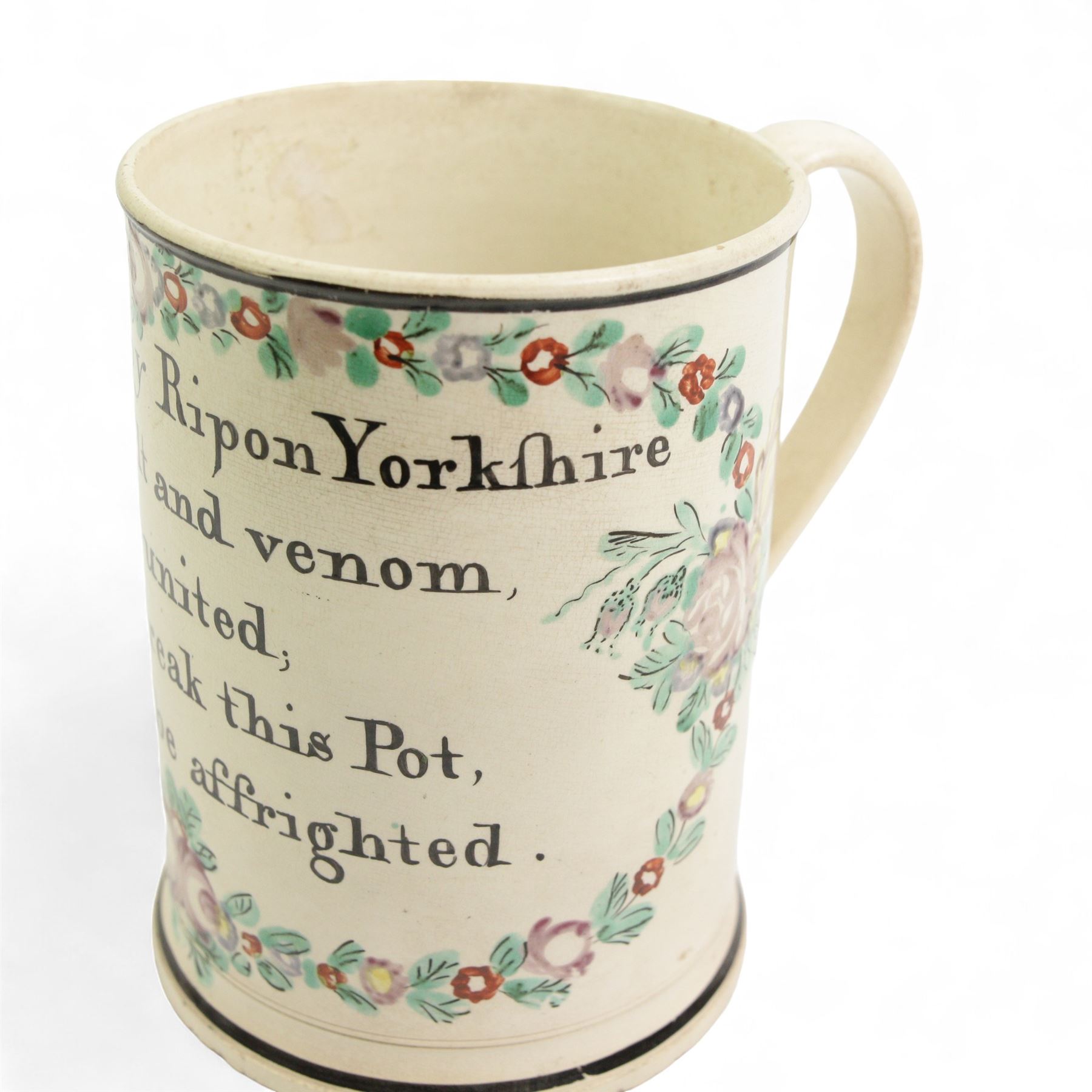 Early 19th century Sunderland creamware frog mug, hand painted with verse 'John Ingleby Ripon Yorkshire, Tho' malt and venom, seem united; Don't break this Pot, nor be affrighted', within a painted wreath and black borders, H14cm 