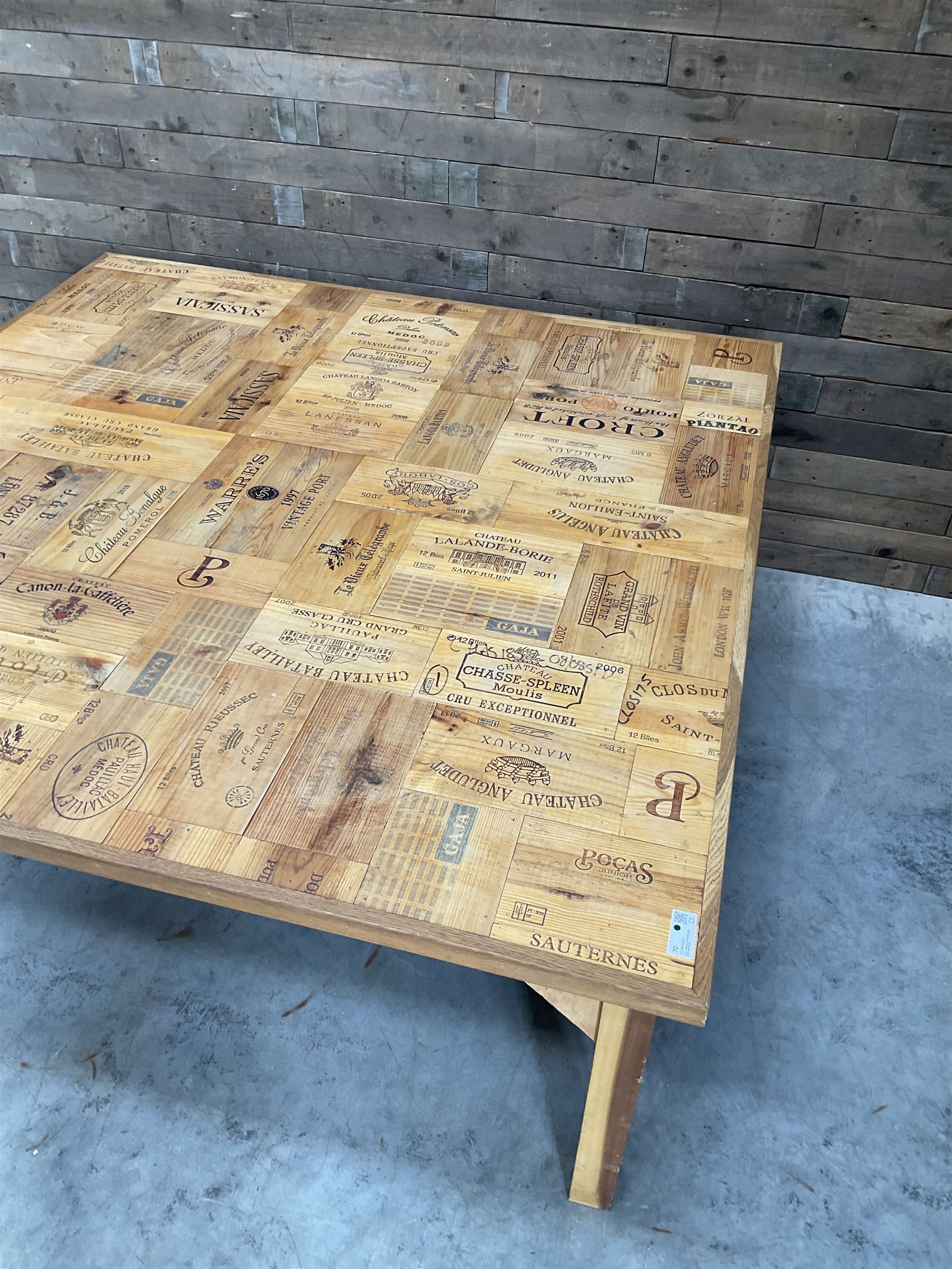 Square centre dining centre table, parquetry wine crate top with oak edging, on beech legs