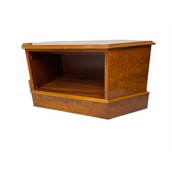 Walnut corner television stand, hexagonal top with recess, on plinth base