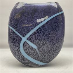 Stuart Akroyd glass vase, with blue ribbon decoration upon a mottled purple ground, engraved signature and sticker beneath, H25.5cm